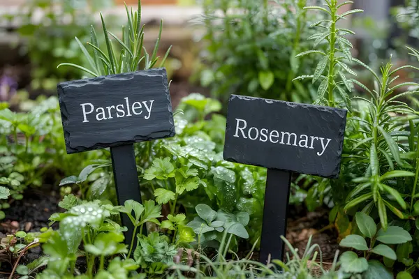 Bahçe yatağında yetişen maydanozu ve biberiyeyi tanımlayan tahta işaretleyiciler.