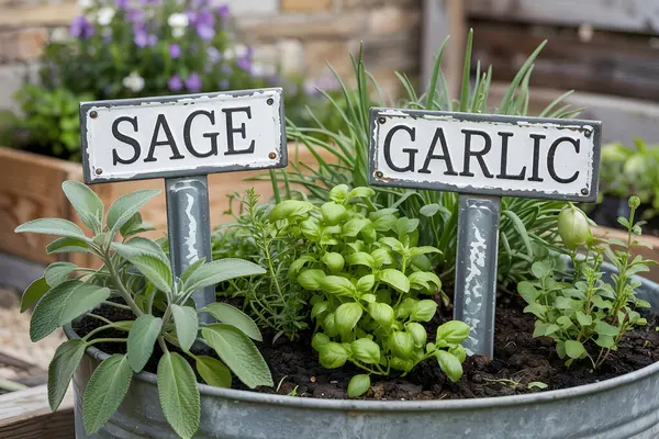 Bilge, sarımsak ve fesleğen, bahçesinde etiketleri olan metal bir tencerede yetişiyor.