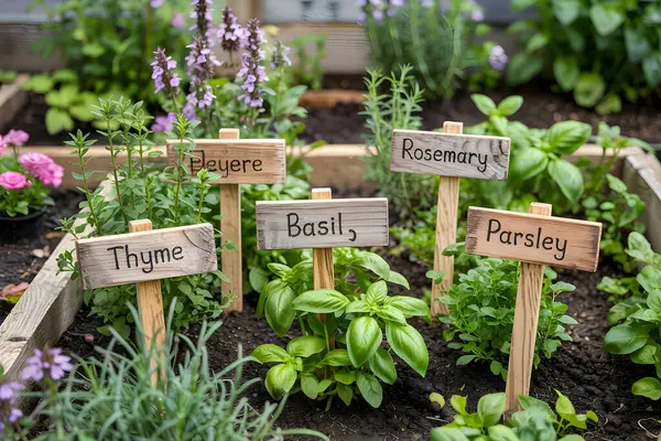 Fesleğen, biberiye, kekik ve maydanoz gibi taze otlar bahçedeki yükseltilmiş bir yatakta yetişiyor.