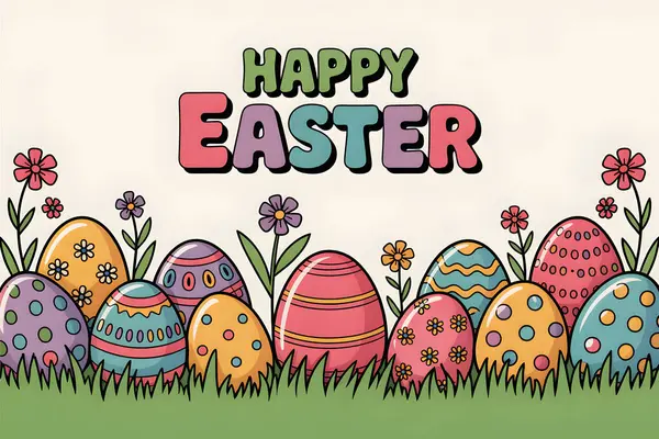 Renkli paskalya yumurtaları çiçeklerle süslenmiş çimenlerde saklanıyor ve yukarıdaki neşeli mesajla mutlu paskalyalar.