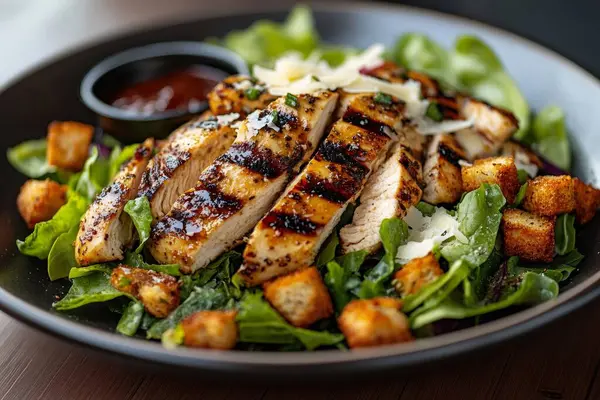 Kızarmış tavuk salatası, kızarmış ekmek, parmesan peyniri ve sos. Sağlıklı ve lezzetli bir yemek sunuyor.