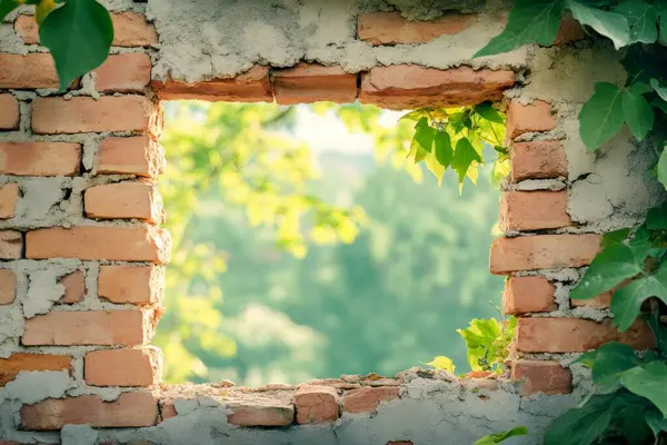 Etrafında yeşil yapraklar büyüyen eski tuğla bir duvarda parlayan güneş ışığı.