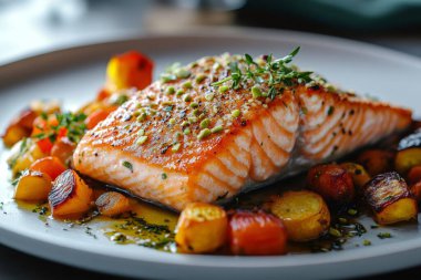 Mükemmel pişirilmiş somon fileto, kavrulmuş kök sebze yatağında, şam fıstığı ve kekik ile süslenmiş. Yapay zeka üretken