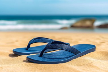 Mavi parmak arası terlikler kumlu bir plajda uzanır. Deniz kenarında bir yaz tatili ve rahatlama hissi uyandırır. Yapay zeka üretken