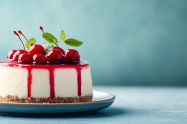 Vişne soslu küçük cheesecake, tabakta oturuyor. Yapay zeka üretken