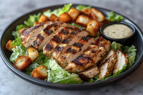 Lezzetli ızgara tavuk göğsü taze marul, kıtır kıtır ekmek ve kremalı sezar sosuyla servis edilir. Yapay zeka üretken