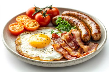 Lezzetli İngiliz kahvaltısı sosis, pastırma, sahanda yumurta ve domates, doyurucu ve doyurucu bir sabah yemeği. Yapay zeka üretken