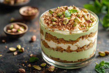 Fıstık ezmesi ve kakao tozu serpilmiş bardakta sunulmuş tiramisu tatlısı. Yapay zeka üretken