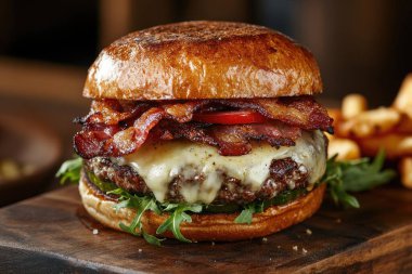 Gevrek domuz pastırması, taze domates ve ahşap bir tahtanın üzerinde dinlenen biberli roka içeren sulu bir cheeseburger yakın çekim. Yapay zeka üretken