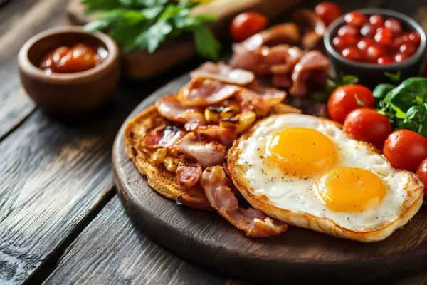 Yağda yumurta, kızarmış domuz pastırması, kızarmış ekmek, taze domates ve ahşap bir tahtada servis edilen soslarla nefis bir kahvaltı. Yapay zeka üretken