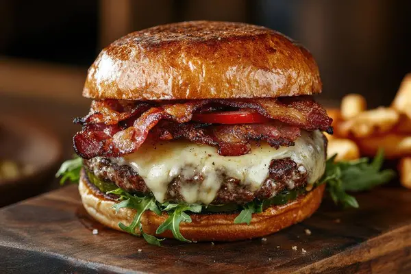 Gevrek domuz pastırması, taze domates ve ahşap bir tahtanın üzerinde dinlenen biberli roka içeren sulu bir cheeseburger yakın çekim. Yapay zeka üretken