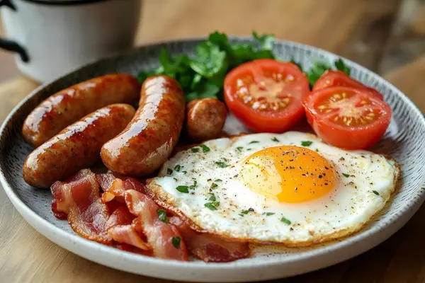 Lezzetli İngiliz kahvaltısı sosis, sahanda yumurta, pastırma şeritleri, domates ve maydanozdan oluşuyor. Yapay zeka üretken