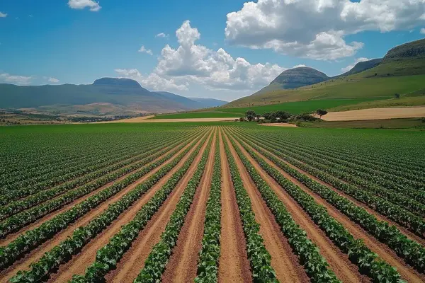 Düz sıra ekinler geniş bir tarımda yetişiyor. Dağlar ve arka planda bulutlu bir gökyüzü var. Yapay zeka üretken