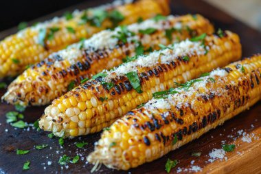 Koçanda parmesan peyniri ve maydanozla tatlandırılmış leziz ızgara mısır lezzetli bir yaz barbekü tabağı yaratıyor. Yapay zeka üretken