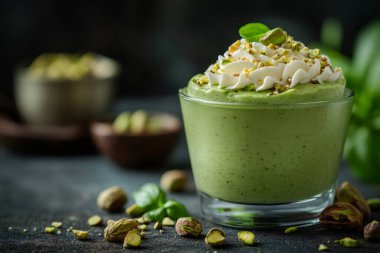 Fıstıklı mus, çırpılmış krema, doğranmış şam fıstığı ve fesleğen yapraklarıyla süslenmiş bir bardakta servis edilir. Yapay zeka üretken