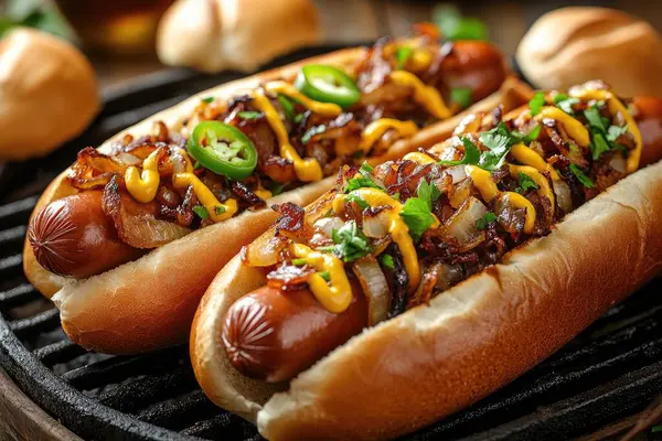 Karamelli soğan, jalapeno, hardal ve maydanozla kaplanmış ızgarada ızgara yapan lezzetli sosisliler. Yapay zeka üretken