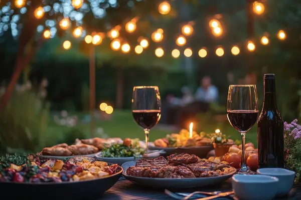 Akşam karanlığında bahçede ızgara et, sebze ve şarap servis edilir, sicim ışıkları sıcak atmosfer yaratır. Yapay zeka üretken