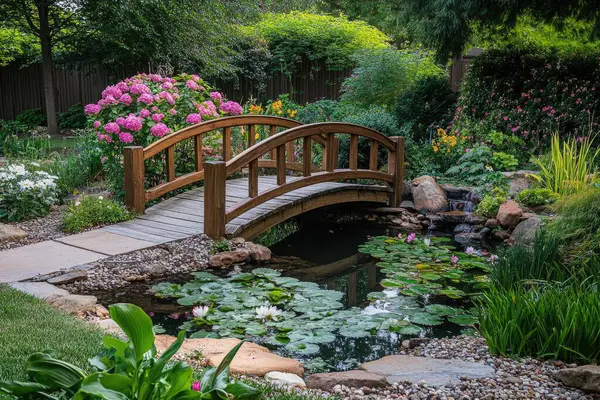 Su zambaklarıyla dolu bir göleti geçen küçük tahta köprü. Etrafı çiçeklerle ve huzurlu bir bahçede yemyeşil bitki örtüsüyle çevrili. Yapay zeka üretken