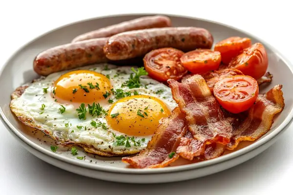 Yağda yumurta, sosis, domuz pastırması ve domatesli nefis İngiliz kahvaltısı tabakta servis edilir. Yapay zeka üretken