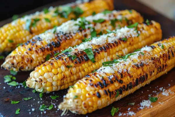 Koçanda parmesan peyniri ve maydanozla tatlandırılmış leziz ızgara mısır lezzetli bir yaz barbekü tabağı yaratıyor. Yapay zeka üretken