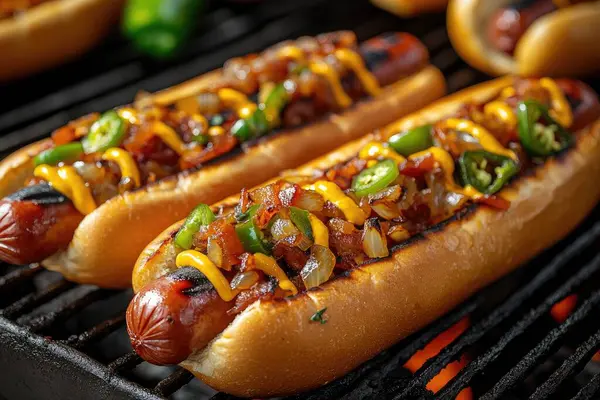 Mangalda ızgara sosisli, ızgara soğan, jalapeno dilimleri ve hardalla süslenmiş. Yapay zeka üretken