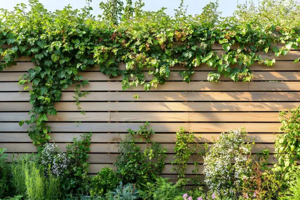 Yeşil sarmaşık, doğal bir ahşap çitin üzerinden çağlayarak canlı bir bahçe için sakin bir zemin oluşturuyor. Yapay zeka üretken