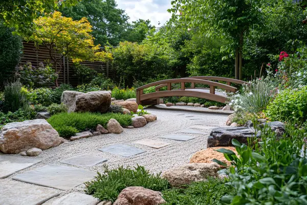 Serene Japon bahçesinde ahşap bir köprü, çakıl yolu, basamaklar, kayalar ve yemyeşil, sakin bir atmosfer yaratıyor. Yapay zeka üretken