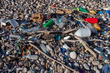 Plastik çöpler bir çakıl taşı plajını kirletiyor, çevresel hasarı ve kirliliği vurguluyor