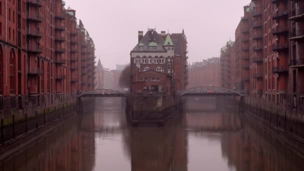 Het Oude Warenhuis District Speicherstadt Hamburg Duitsland Winter Het Grootste — Stockvideo