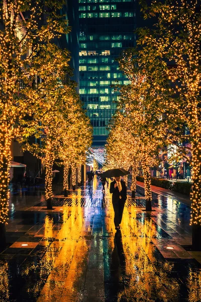 日本东京 一名男子 雨夜带着雨伞在灯火通明的小巷里 图库照片
