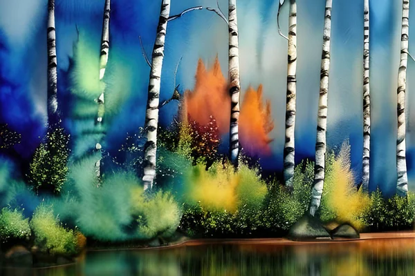 Birch Trees River Abstract Watercolor Painting Original High Quality Big — 스톡 사진