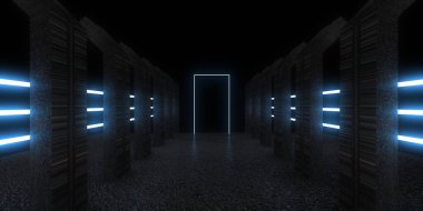 Üç boyutlu soyut arkaplan ve neon ışıkları. Neon tüneli. Uzay inşaatı. 3d illüstrasyon