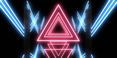 Üç boyutlu soyut arkaplan ve neon ışıkları. Neon tüneli. Uzay inşaatı. 3d illüstrasyon