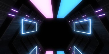 Üç boyutlu soyut arkaplan ve neon ışıkları. Neon tüneli. Uzay inşaatı. 3d illüstrasyon
