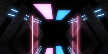 Üç boyutlu soyut arkaplan ve neon ışıkları. Neon tüneli. Uzay inşaatı. 3d illüstrasyon