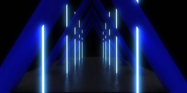 带有霓虹灯的3D抽象背景 霓虹灯隧道 空间建设 3D说明 — 图库照片