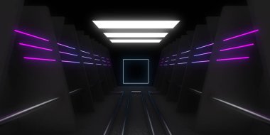 Üç boyutlu soyut arkaplan ve neon ışıkları. Neon tüneli. Uzay inşaatı. 3d illüstrasyon