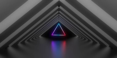 Üç boyutlu soyut arkaplan ve neon ışıkları. Neon tüneli. Uzay inşaatı. 3d illüstrasyon