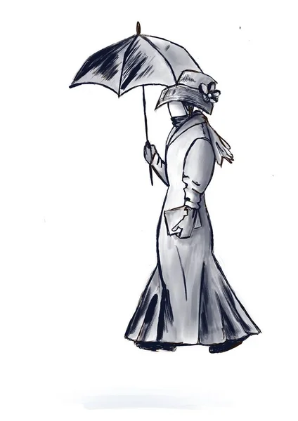 Femme Vêtements Style Vintage Avec Parapluie Sous Pluie — Photo