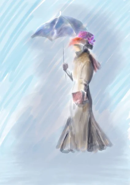 雨の中で傘を差したヴィンテージスタイルの服の女性 — ストック写真