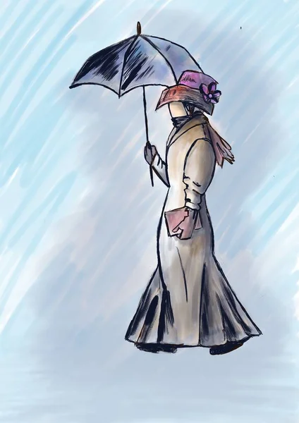 Žena Stylu Vintage Oblečení Deštníkem Dešti — Stock fotografie