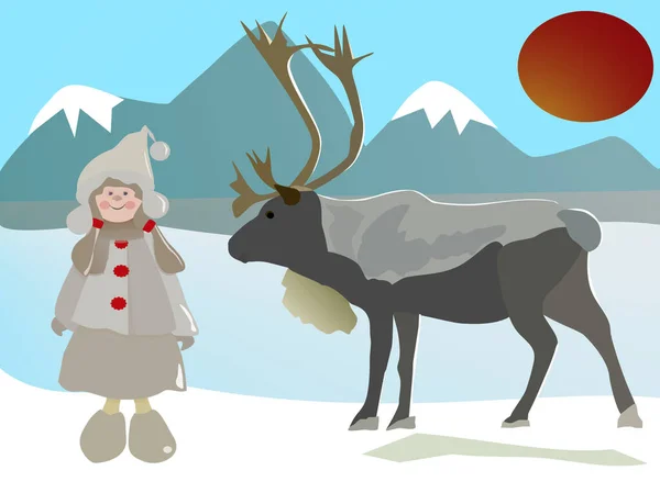 Wild Young Reindeer Small Girl Sunny Day — Stock Vector