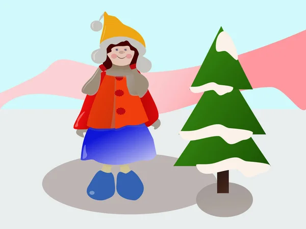 Uma Menina Pequena Com Árvore Natal —  Vetores de Stock