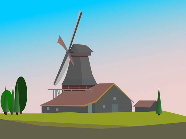 Vieux Moulin Hollandais Dans Pays — Image vectorielle