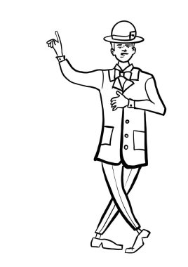   Kırmızı takım elbiseli ve şapkalı bir sirk göstericisinin resmi.