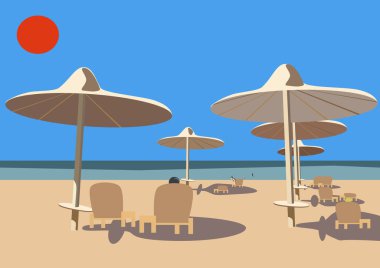 Şemsiyeli ve sandalyeli plaj. Düz biçimli vektör illüstrasyonu