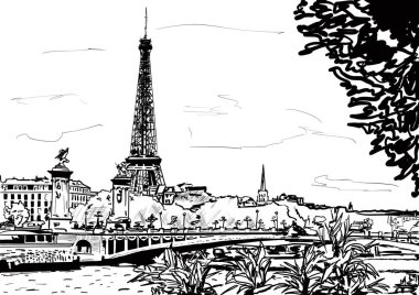   Paris, Fransa 'daki Seine Nehri ve Eyfel Kulesi. Siyah beyaz el çizimi.