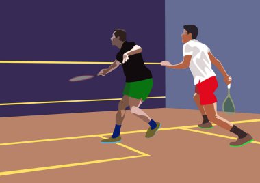  Squash oyuncuları iş başında. Düz biçimli vektör illüstrasyonu.