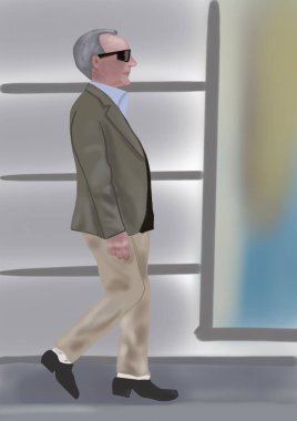   Takım elbiseli yaşlı bir adam kaldırımda yürüyor.