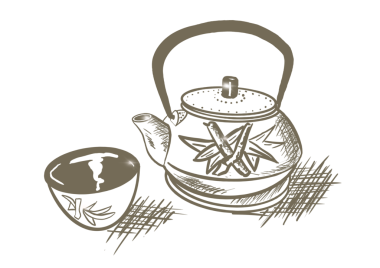   Çaydanlık ve bir fincan çay. El çizimi illüstrasyon.